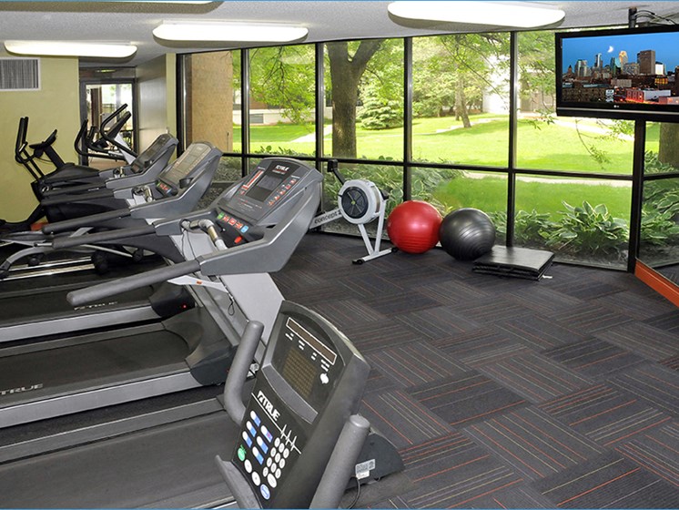 Fitness room with treadmills facing a TV and a large window